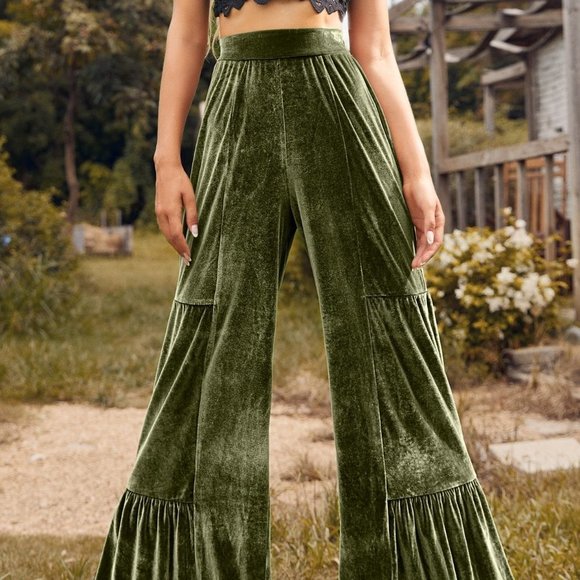 . Pants - Army Green Boho Womens Wide Leg Velvet Pants